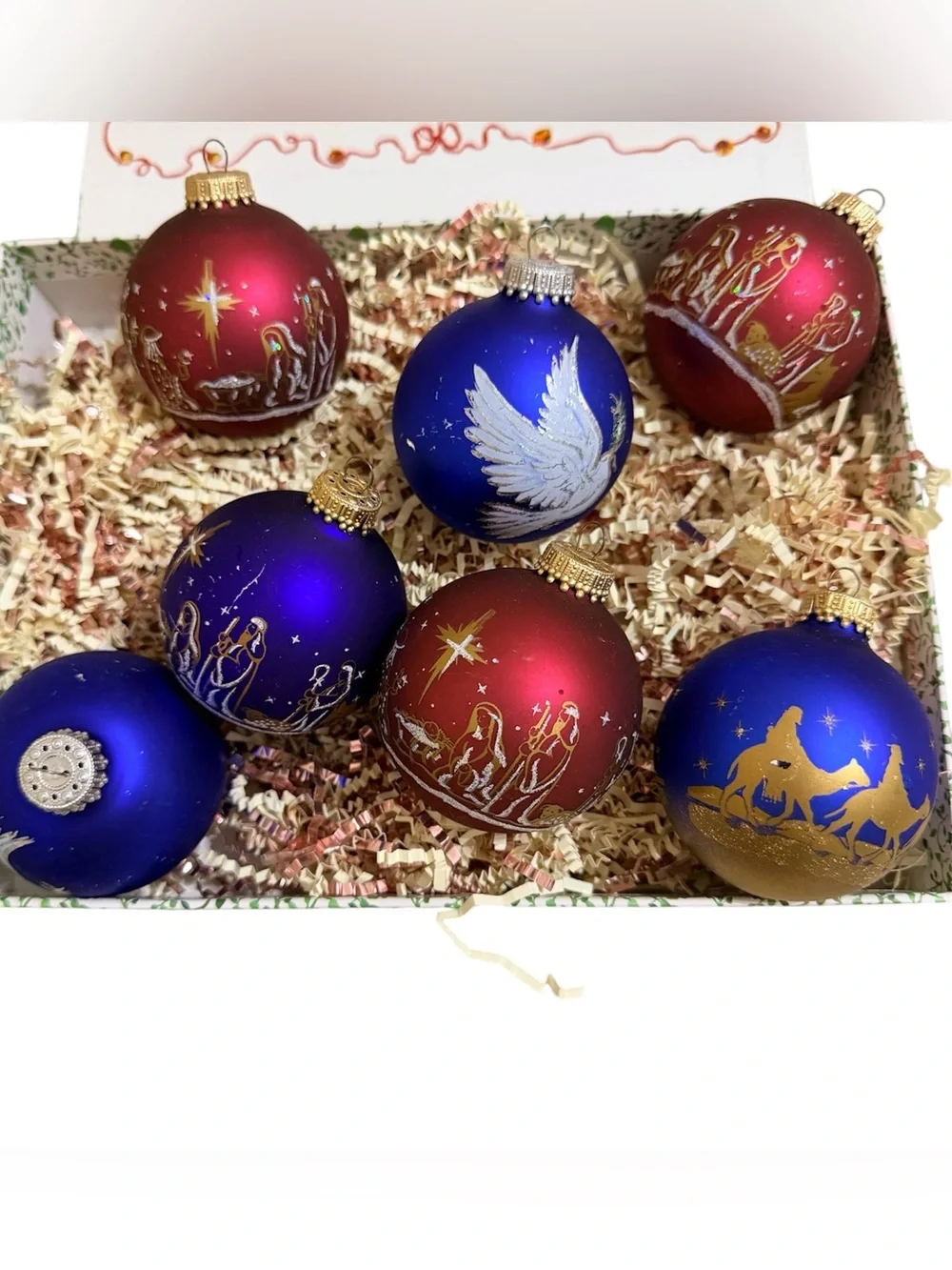Vtg Christmas By Krebs 7 Ornaments Nativity & Bethlehem Scenes Red Blue 2.63”